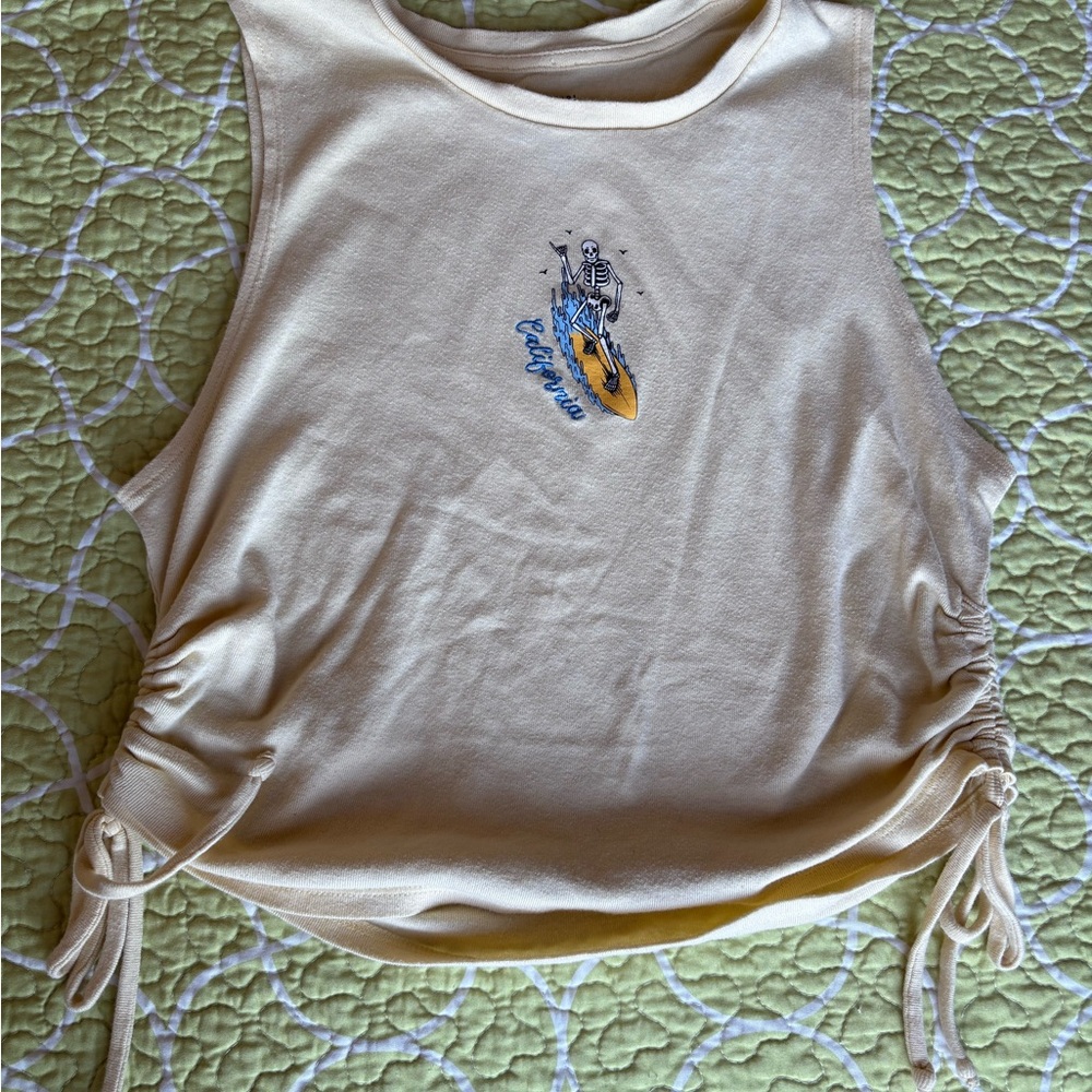 Pastel Yellow Crop Tank Top with Surfing Skeleton